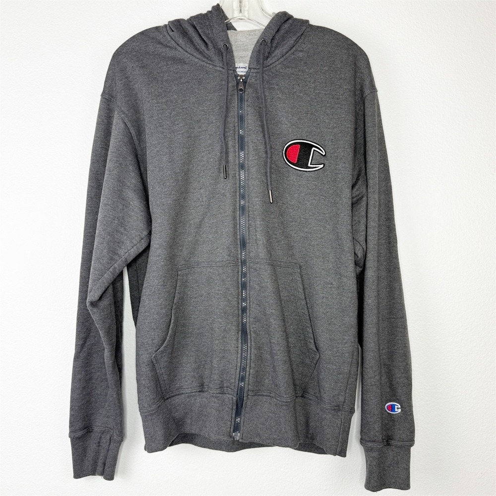 Champion Mens Full Zip Hoodie Charcoal Heather Gray Big Logo GF91H Size M